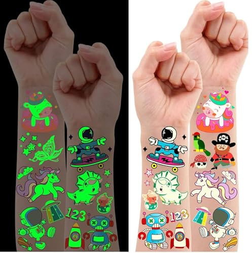 Leesgel Tatuaggi per Bambini, 30 Fogli Luminosi Tatuaggi Temporanei Stickers Trasferelli, Accessorio per Regali Fine Festa, Pignatta e Gadget Compleanno Bambini, Giochi Bambini