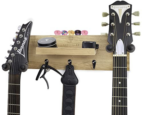 Guitar Lab - Doppelter Gitarrenhaken und Wandregal - 2 drehbare Gummihaken, Ablage, Haken und Plektrenhalter, Perfekt für E-Gitarren, Bassgitarren, Akustikgitarren, Ukulelen, Ideal als Geschenk