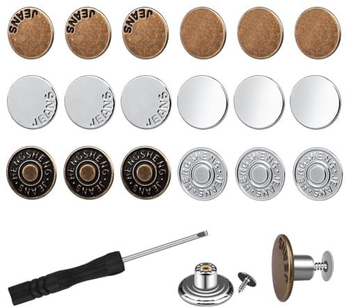 18 Stück Jeans Knöpfe ohne Nähen, 17mm Hosenknopf zum Enger Machen Verstellbare Hosen Ersatz Knöpfe mit Schraubendreher für Jeans Jacken Hosen