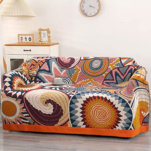 DECMAY Throws for Sofas Large, Boho Throw Blankets for 2 3 4 Seater Sofas and Double Bed Armchair Couch, Cotton Weighted Soft Furniture Throws(Ethnic 60''×80'')