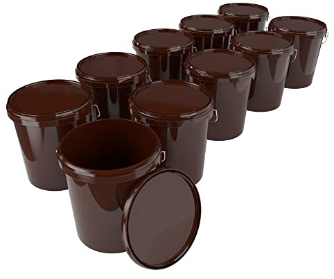 10x Cubo con tapa 16 litros marrón - apto para alimentos, hermético y estable, cubo vacío con asa y tapa de cierre para alimentos, productos químicos, pintura de pared, detergente en polvo, adhesivos