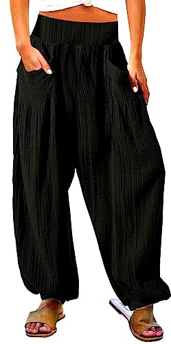 Pantalon harem en lin de coton pour femme - Style hippie - Coupe large - Palazzo décontracté - Pantalon de plage d’été léger - Coupe ample - Taille haute smockée - Pantalon à enfiler avec poche, Noir