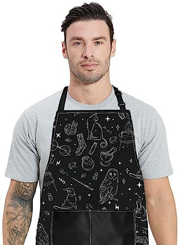 WZMPA Magic Wizard Kitchen Apron With Pockets Spooky Witch Gifts Gothic Magic Adjustable Apron For Cooking Baking Grilling (Magic Wizard Ap)
