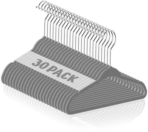HOUSE DAY 30er Set Kinderkleiderbügel aus Samt,28cm Kleiderbügel Kinder mit Gekerbtem Design,Ultradünn, Platzsparend Baby Kleiderbügel, 360 Grad Drehhaken, rutschfeste,Grau