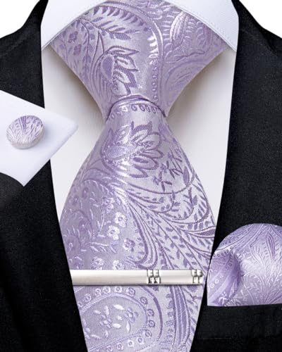 DiBanGu Cravate formelle en soie pour homme avec motif cachemire et mouchoir de poche, boutons de manchette, pince à cravate pour fête de mariage, bal de fin d'année, Lilas, cachemire, taille unique