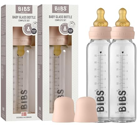 BIBS Baby Glass Bottle 2-Pack 225ml. Anti-Colic. Vented Round Natural Rubber Latex Teat. Supports Natural Breastfeeding, Complete Set - 225 ml (Pack of 2), Blush