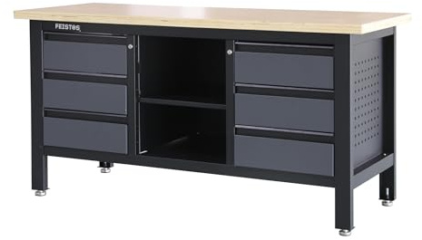 FEISTOS Werkstatteinrichtung Heros 3 | 169x60x87 cm Stahlbank | Werktisch & Arbeitsbank mit Holzplatte 38 mm | Werkbank inkl. 6 Schubladen zum organisierten Werken