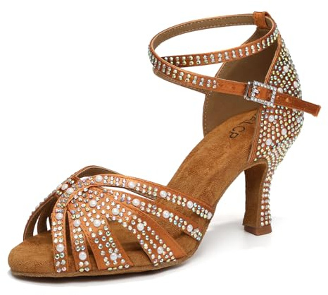 YCALCP Chaussures de Danse Latin Femmes Strass Tango Salsa Spectacles Fête Mariee,506-marron-7.5CM,37.5 EU