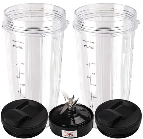 5 Pieces Blender Replacement Parts, 2X 710ml Cups & 1x Blade & 2X Spout Lids Compatible with Nutri Ninja Blender Auto iQ BL480 BL482 BL642 BL682 NN102