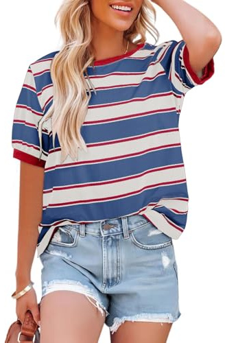 Dokotoo Tops for Women Trendy Fashion Clothing Summer Casual Easter Short Sleeve T-Shirt Round Neck Striped Color Block Loose Soft Cotton T Shirts Business Work Ladies Top and Blouse Red Large