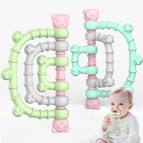 2Pcs Alivio de la Dentición Mordedor Juguetes para Bebés, Mordedor Bebé Seguro, Blandito y de Fácil Agarre Silicona Alimenticia Juguetes para 3 6 9 12 24 Meses Niño Niña Autismo, Mezcla de colores
