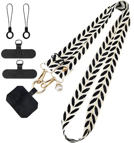 VEGCOO Handykette Universal Handy Lanyard mit Blatt Perlen Design Universelle Handytasche Kreuzband für Smartphones mit Schwarz Clip Gold Karabinerhaken und Nylon T Clip (Schwarz)