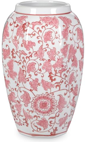 Pink Vase 8.5 Inch Traditional Chinoiserie Floral Vase Porcelain Ginger Jar Octagonal Vases Blue and White Porcelain Decor for Home, Living Room, Kitchen, Mantel, Shelf, Table