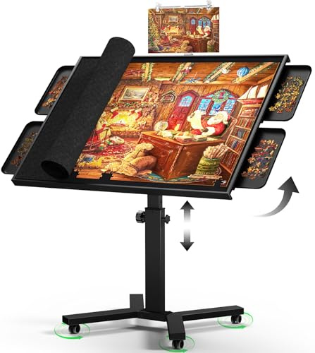2000 Pieces Jigsaw Puzzle Table with Drawers & Legs, 41.34x29.53 Metal Adult Puzzle Table (Stability Tested & Ergonomic), Adjustable Height & Tilt Angle, Wooden Puzzle Board with Wheels & Cover
