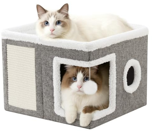 JF HOME BLISS Cat House for Indoor Pets 2 Layer Large cat cave with Scratch Board and Ball (Flax, 1)