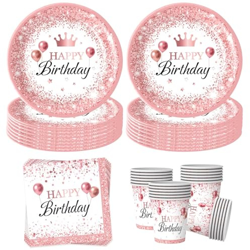 Juego de 60 platos de fiesta de oro rosa, oro rosa, juego de vajilla para fiesta de cumpleaños, juego de platos de papel de oro rosa, juego de vajilla de fiesta para 20 invitados