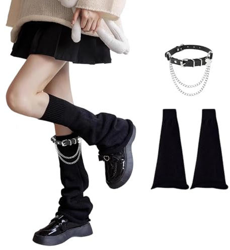 Black Leg Warmers for Women, 2PCS Set with Gothic Leg Chain, 48 cm Length, Stretchy Knitted Legwarmers for Dance, Yoga, Winter Protection, 80s Themed Parties, Street Fashion