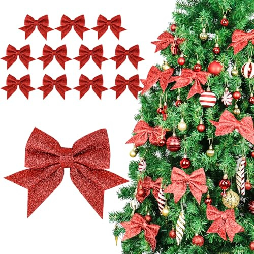 YuleNova 12PCS Christmas Bows for Tree Wreath Decorations, 5 Inch Glitter Christmas Wreath Bow Sequin Bow, Red Bows