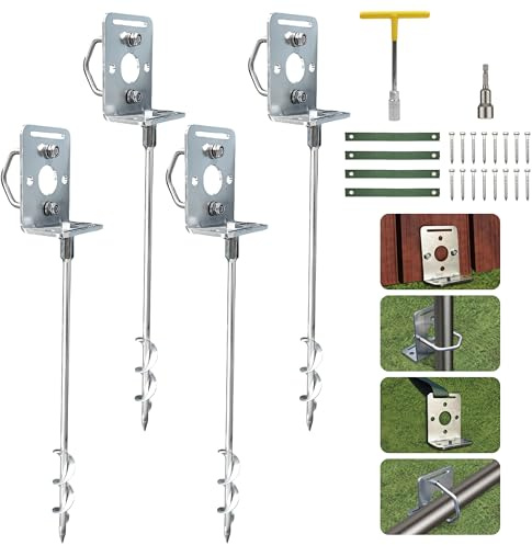 NACETURE 18-Inch Ground Anchors Screw in, Heavy Duty Trampoline Anchor Kit with L Brackets, 4 Pack Screw In Ground Anchors with Manual & Power Wrench, Tie-Down Straps for Trampoline