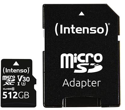Intenso Carte mémoire microSDHC Professionnelle 512 Go Classe 10 UHS-I, U3, V30 avec Adaptateur SD, pour Enregistrement 4K, GoPro, Insta 360, DJI, Osmo, Steam Deck, Drone, caméra d'action, Noire