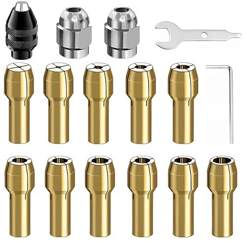 16 Piezas Portabrocas Precision Compatible con Dremel, Portabrocas Latón 0.5 mm-3.2 mm Mandril de Latón con Llave Inglesa y Tuercas de Metal, Accesorios para Grabado, Compatible con Multiherramientas