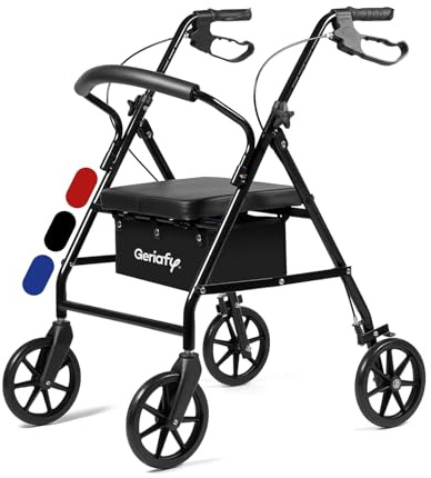 Geriafy - Andador Plegable con Asiento y Respaldo | Modelo Lambda Max | Rollator de 4 Ruedas XL (20 cm) y Cesto | Frenos en Manetas | Caminador Ligero Regulable en Altura (Negro)