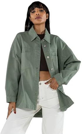Nina Carter S539 Camisa vaquera de gran tamaño para mujer, chaqueta vaquera ligera, chaqueta de entretiempo, chaqueta de camisa con efecto de lavado, aspecto desgastado, informal