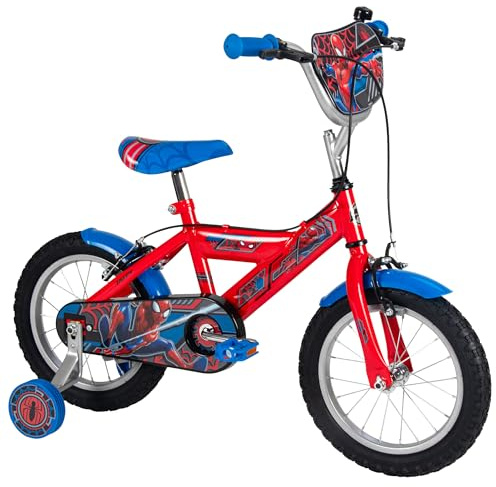 Huffy Marvel SpiderMan Bike barncykel 12 tum 14 tum för barn 3–9 år, dubbla fälgbromsar, avtagbara stabilisatorer, justerbart säte röd