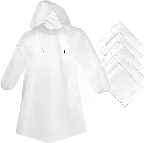 Cosowe Disposable Rain Ponchos, 5 Pack Adults Emergency Raincoats Waterproof Ponchos Transparent Lightweight Rain Coats with Drawstring Hood for Disney, Festivals, Camping, Fishing
