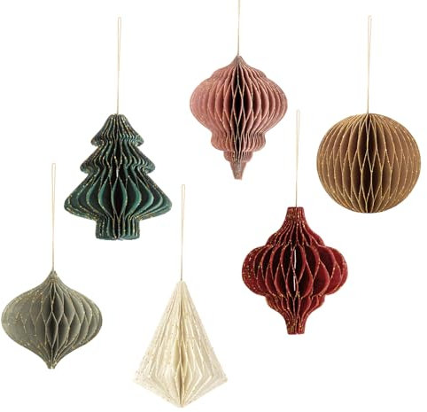 NICROLANDEE 6PCS 3D Mini Glitter Edge Paper Honeycomb Christmas Hanging Ornaments for Xmas Party Favor, Christmas Tree Ornaments, New Years Party, Holiday, Home Decor