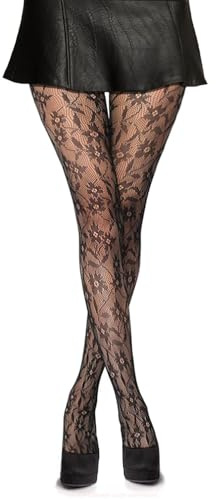 Simply Joshimo Collants résille à motif noir pour femme / Collant tendance à motifs pour dames (rayé), motif pâquerettes, Taille unique