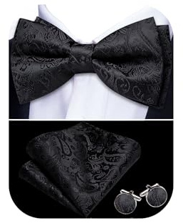 Barry.Wang Mens Black Bow Tie Paisley Silk Pre-Tied Bowtie Pocket Square Cufflinks Set Formal Wedding Prom Party Tuxedo