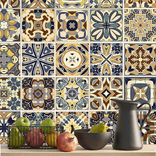 ANHUIB 30 Pcs Moroccan Tile Stickers Tile Decals for Kitichen Mandala Sticky Tiles for Bathroom Yellow Mosaic Adhesive Wall Sticker for Toilet Living Room Home Decor Vinyl Stick on Tiles 15x15CM