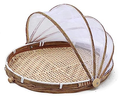 Corbeille à Fruits en Bambou avec Protection Anti-Mouches, Cloche Alimentaire Pliable, Corbeille A Pain Bambou, Panier de Pique-Nique, Plateau de Service Alimentaire pour Fruits, Légumes et Pain