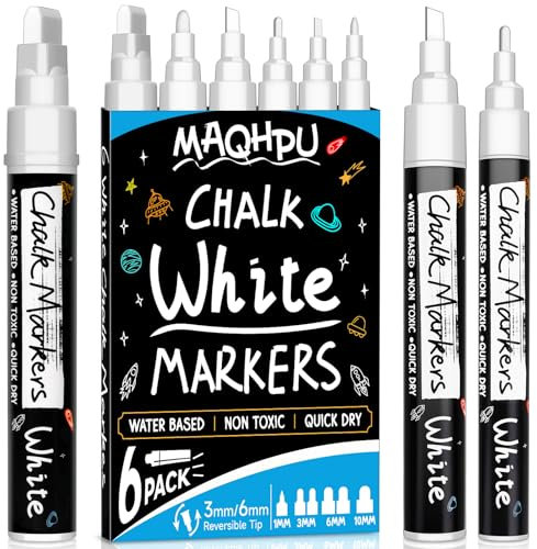 Maqhpu Weiß Kreidestifte für Fenster & Tafel Abwaschbar, 6 Stück Kreidemarker Fenster, Whiteboard Marker Fenstermalstifte Fensterstifte Tafelstifte für Glas & Gewürzgläser(1mm, 3mm, 6mm, 10mm)