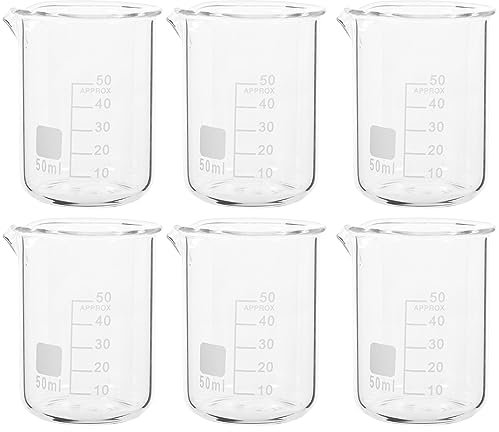 ULTECHNOVO 6 Stück Laborbecher Abgestufter Becherglas Chemie Messbecher Glas Laborbecher 50ml Laborgläser Glasbecher Set für Labor Experiment Kochen Backen Laborbedarf