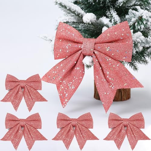 Norhogo 5PCS Christmas Decorative Bow, christmas bows, Glitter decorative Bow, pink bows for christmas tree Fireplace Wreath Garland Party Supplies, 1 large Glitter Wreaths Bows + 4 pink wreath bow