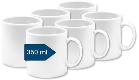 Juego de 6 tazas de café de plástico (grande, blanco, 350 ml), vasos de plástico con asa para camping, vasos para niños y personas mayores (reutilizables, sin BPA, aptos para lavavajillas, para