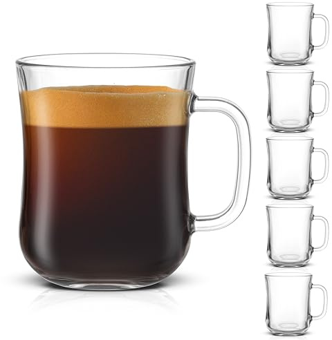 JoyJolt Glass Coffee Cups - 15.5oz Diner Mugs Set of 6. Bar Accessories, Cafe Style Clear Mug, Cappuccino, Latte, Tea Cup, Large Espresso Glasses