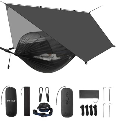 Sunyear Campinghängmatta med nät och regnfluga – dubbel och enkel hängmatta med husliknande nät – enkel installation och packning, lätt och bärbar, perfekt för vandring, backpacking, utomhussömn