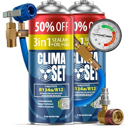 Clima Set ersättning för gas R134a 3 in1 2 x 235 g + spår och adapter för bilens luftkonditionering 1995–2016 - kylmedel för bilens luftkonditionering - gas för bilens luftkonditionering.