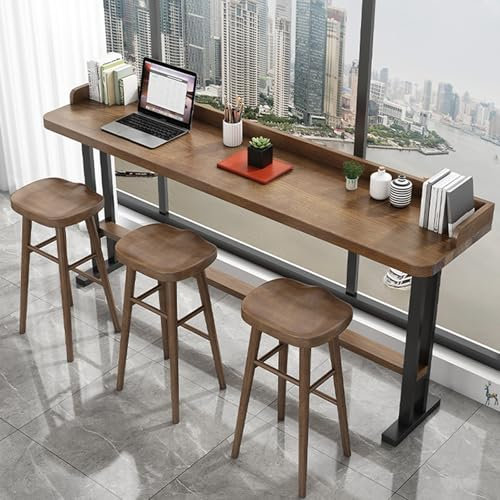 Mesa de bar terraza rectangular Con valla,barra mesa de comedor industrial de madera maciza,Marrón Mesa Barra Cocina Alta,Mesas de comedor de madera y metal,Mesa de bar exterior moderna Sin taburete(1