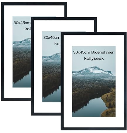 kollyseek Set di 3 cornici per foto e vetro acrilico, 30 x 45 cm, colore nero, da appendere e da appoggiare, cornice moderna per foto, colore nero
