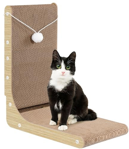 Gimars Rascador para Gatos Grandes en Forma de L de 47 cm, Tablero Rascador con Peluche y Bolas de Catnip, Rascador de Cartón para Montar en la Pared, Juguetes para Gatos para Proteger Muebles, Madera