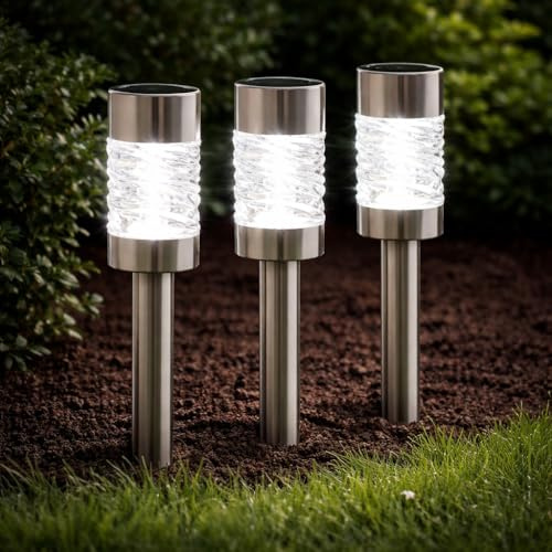 Garden Mile 3Pcs Solar Lights Outdoor Garden - Stainless Steel Solar Stake Lights - LED Garden Lights Solar Powered Waterproof, Auto On/Off for Path, Driveway, Patio & Outdoor Lighting