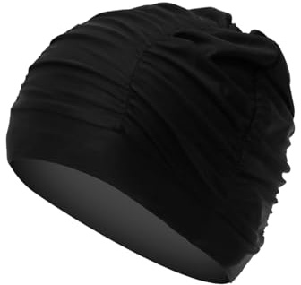 1PCS Women's Pleated Swim Cap Swimming Cap Long Hair Large Swimming Cap for Swimming, Surfing, Bathing and Shower (Black)