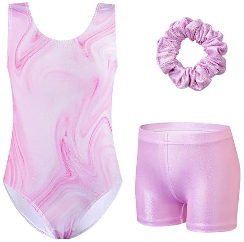 XiaoMoSha Girls Three-Piece Gymnastics Set Sleeveless Girls Leotards with Shorts and Hairband Sparkly Glitter Gradient Color Dance Ballet Unitards Gymnastics Outfits, PinkWave, 3-4 Years