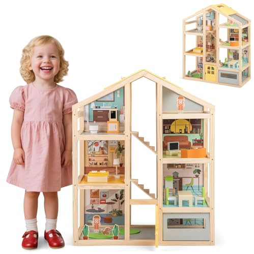 HOMASIS Casa de Muñecas de Madera con Muebles y Accesorios Completos, Casa de Muñecas con 3 Plantas y Muchas Habitaciones, Juego de Simulación para Niños de 3+ Años (Estilo 1)