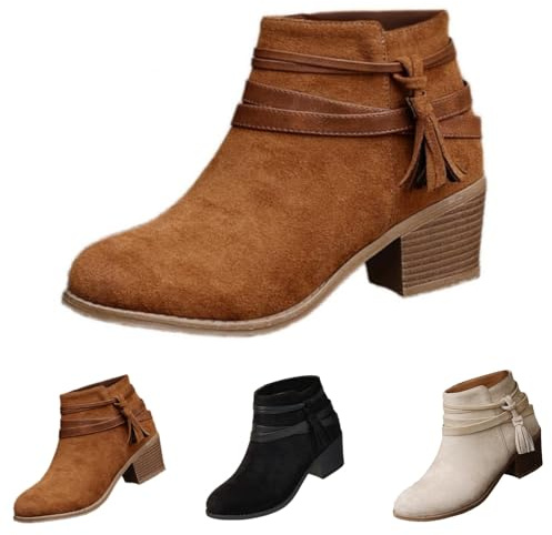 MJGkhiy Botas Texanas Mujer Bajas Chelsea Bota Ante Invierno Camperos Botines Con Tacón Bloque Marrones Western Botín con Cremallera Negro Cowboy Boots Ankle, marrón, 39 EU