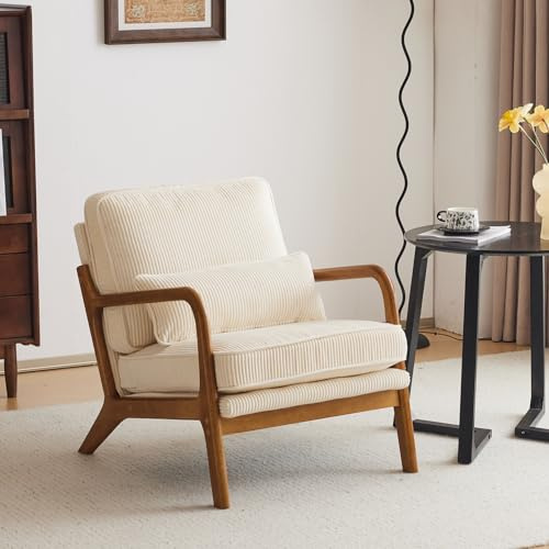 Bonnlo Fauteuil de Salon en Velours Côtelé, Chaise d'Appoint Relaxation avec Cadre en Bois, Siège Confortable pour Salon, Chambre, Terrasse, 65 x 80 x 78 cm (Beige Clair)